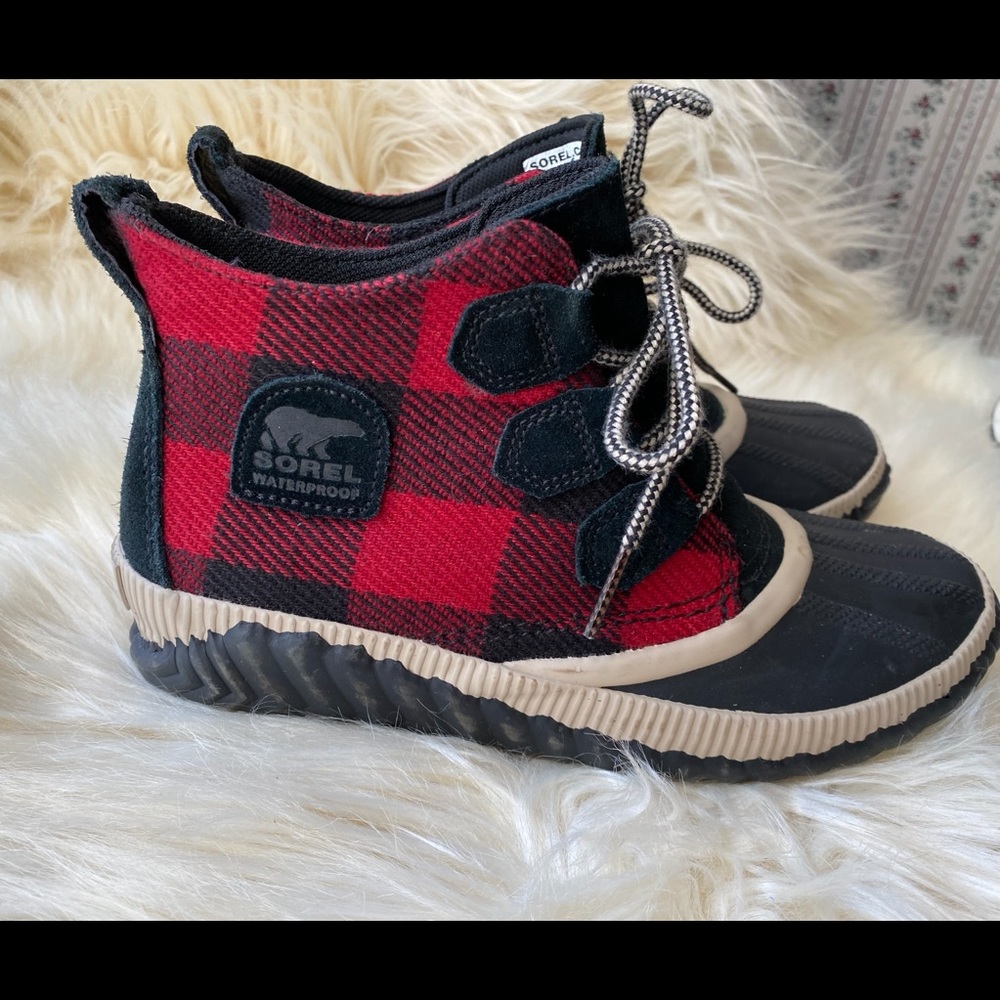 Sorel Out-n-About Red Plaid Ankle Boots